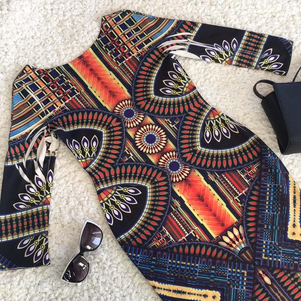 Colorful Tribal Print Bodycon Low-Back Dress - Picture 16 of 16